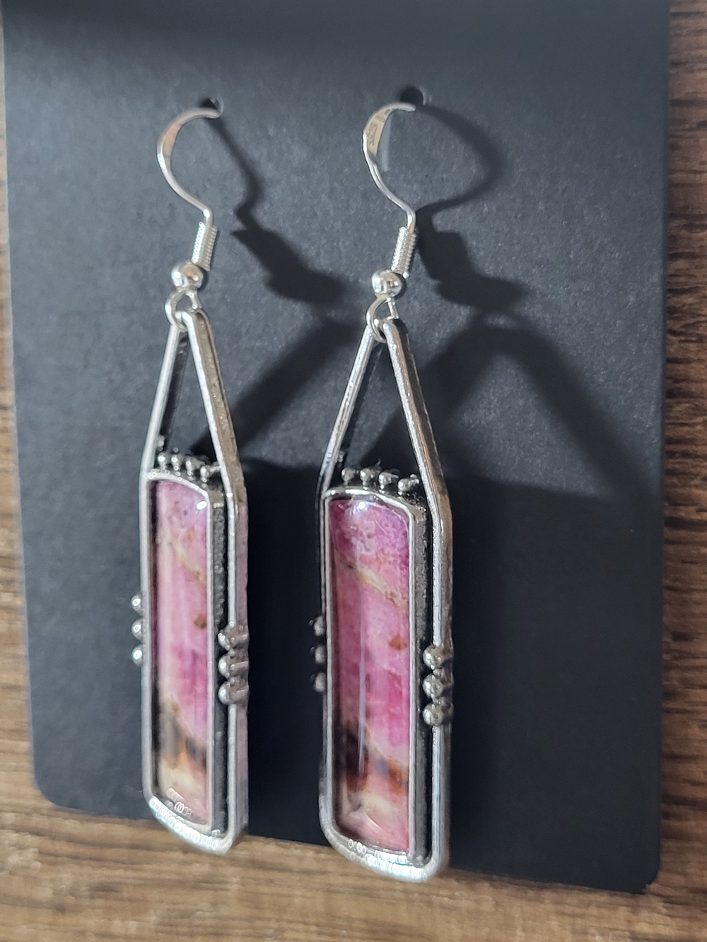 Pink Rhodonite Style Rectangle Drop Earrings- Fashion Jewelry - Picture 4 of 7